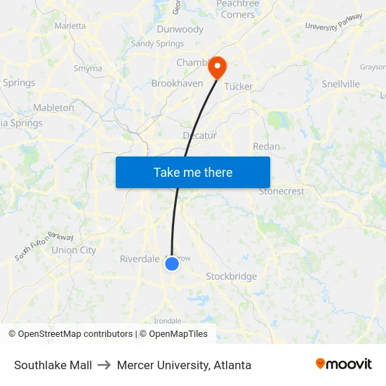 Southlake Mall to Mercer University, Atlanta map