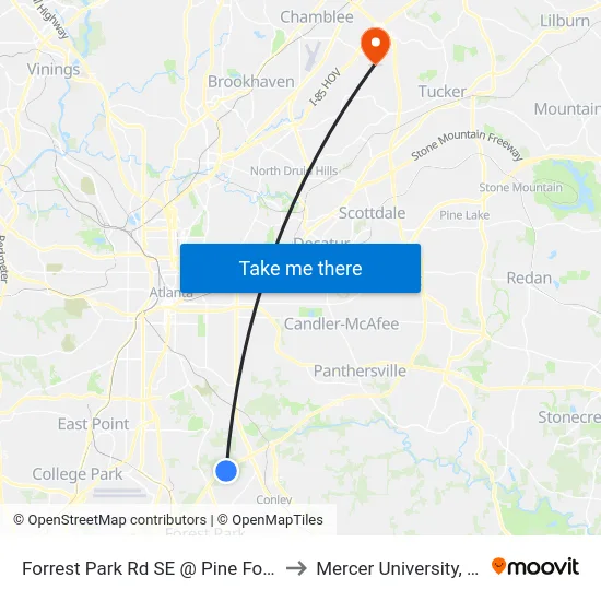 Forrest Park Rd SE @ Pine Forest Dr SE to Mercer University, Atlanta map