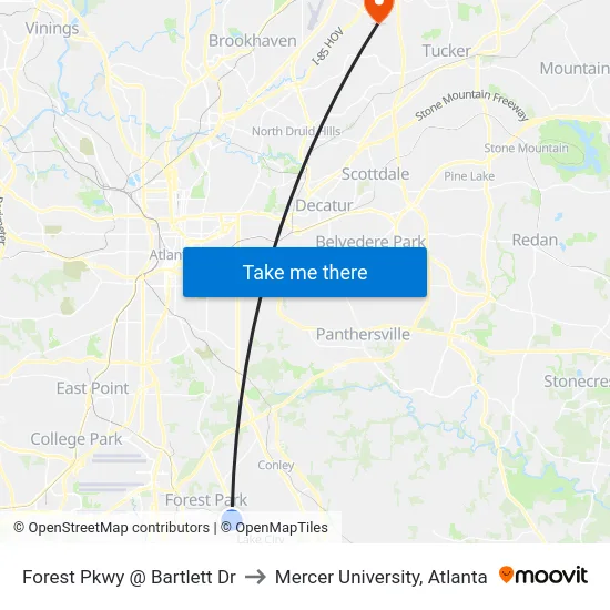 Forest Pkwy @ Bartlett Dr to Mercer University, Atlanta map
