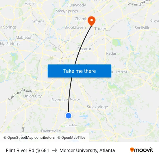 Flint River Rd @ 681 to Mercer University, Atlanta map