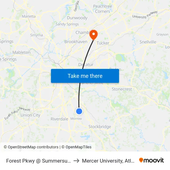 Forest Pkwy @ Summersun Dr to Mercer University, Atlanta map