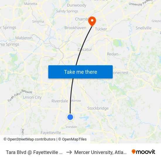 Tara Blvd @ Fayetteville Rd to Mercer University, Atlanta map