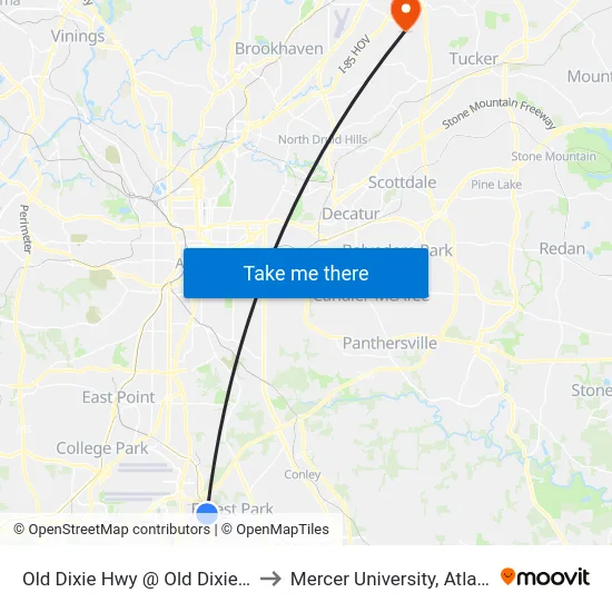 Old Dixie Hwy @ Old Dixie Rd to Mercer University, Atlanta map