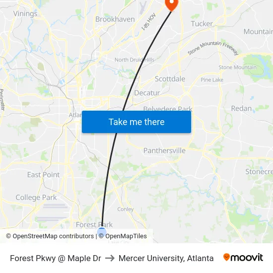 Forest Pkwy @ Maple Dr to Mercer University, Atlanta map