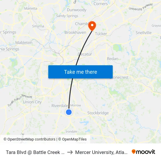 Tara Blvd @ Battle Creek Rd to Mercer University, Atlanta map