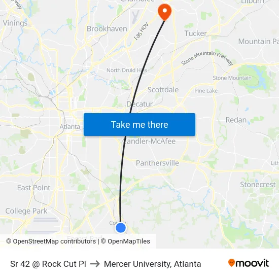 Sr 42 @ Rock Cut Pl to Mercer University, Atlanta map
