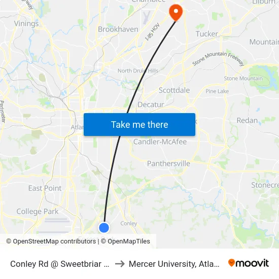 Conley Rd @ Sweetbriar Ln to Mercer University, Atlanta map