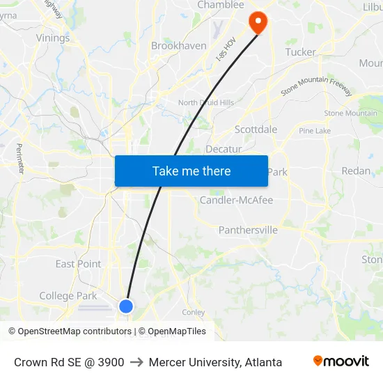 Crown Rd SE @ 3900 to Mercer University, Atlanta map