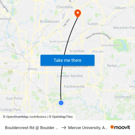 Bouldercrest Rd @ Boulder Hills Dr to Mercer University, Atlanta map