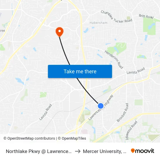 Northlake Pkwy @ Lawrenceville Hwy to Mercer University, Atlanta map
