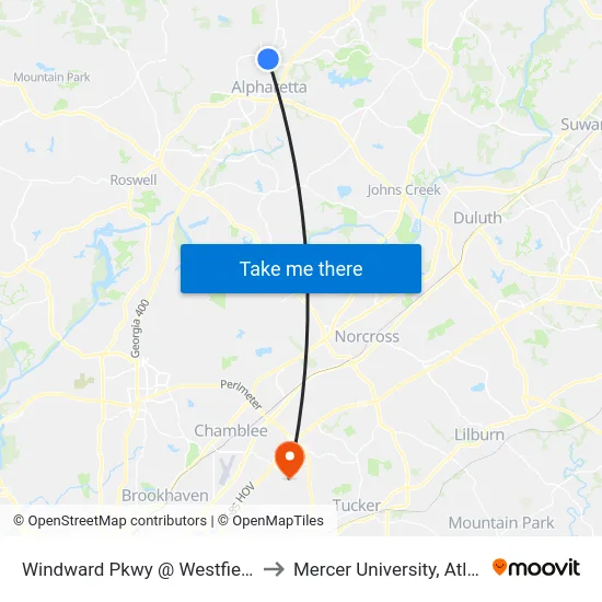 Windward Pkwy @ Westfield Dr to Mercer University, Atlanta map
