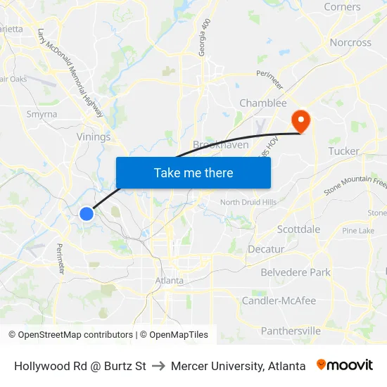 Hollywood Rd @ Burtz St to Mercer University, Atlanta map