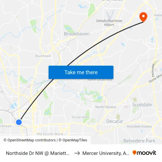 Northside Dr NW @ Marietta St NW to Mercer University, Atlanta map