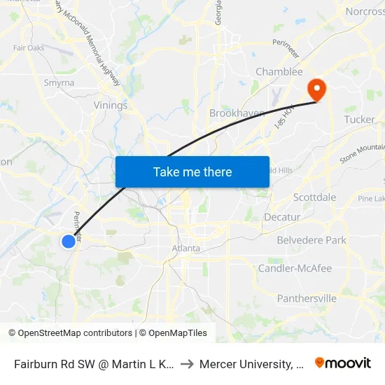 Fairburn Rd SW @ Martin L King Jr Dr to Mercer University, Atlanta map