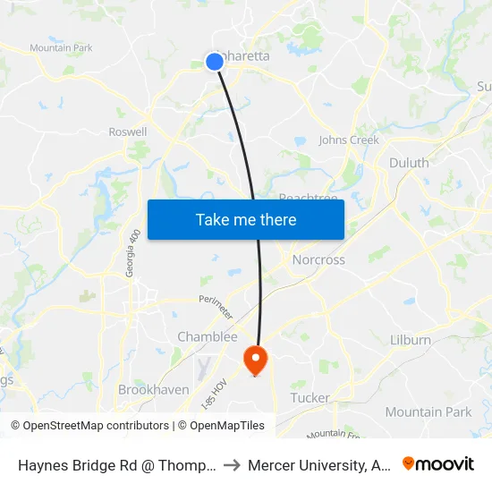 Haynes Bridge Rd @ Thompson St to Mercer University, Atlanta map