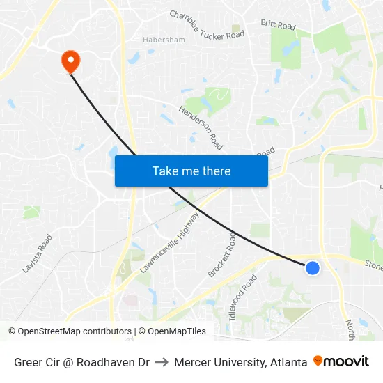 Greer Cir @ Roadhaven Dr to Mercer University, Atlanta map