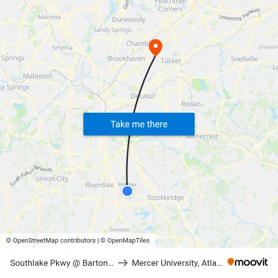 Southlake Pkwy @ Barton Rd to Mercer University, Atlanta map
