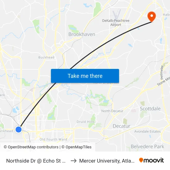 Northside Dr @ Echo St NW to Mercer University, Atlanta map