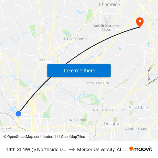 14th St NW @ Northside Dr NW to Mercer University, Atlanta map