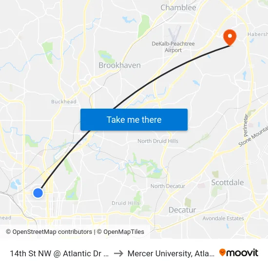 14th St NW @ Atlantic Dr NW to Mercer University, Atlanta map