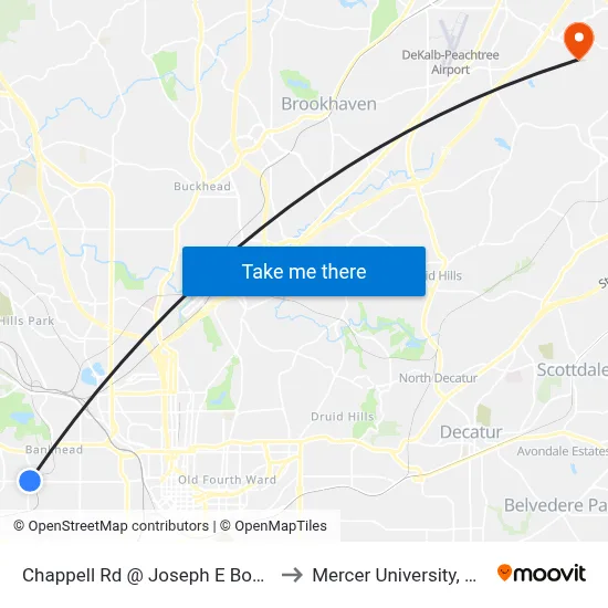 Chappell Rd @ Joseph E Boone Blvd to Mercer University, Atlanta map