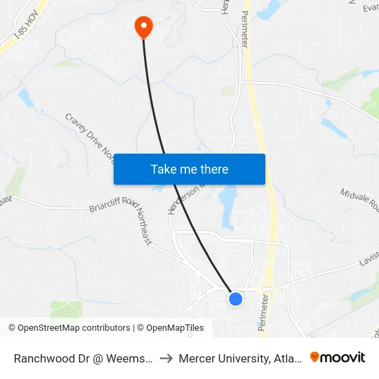 Ranchwood Dr @ Weems Rd to Mercer University, Atlanta map