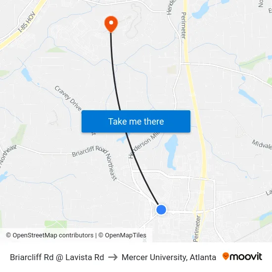 Briarcliff Rd @ Lavista Rd to Mercer University, Atlanta map