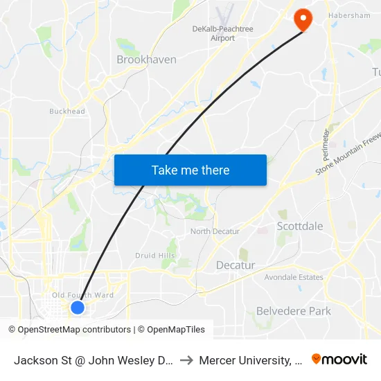Jackson St @ John Wesley Dobbs Ave to Mercer University, Atlanta map