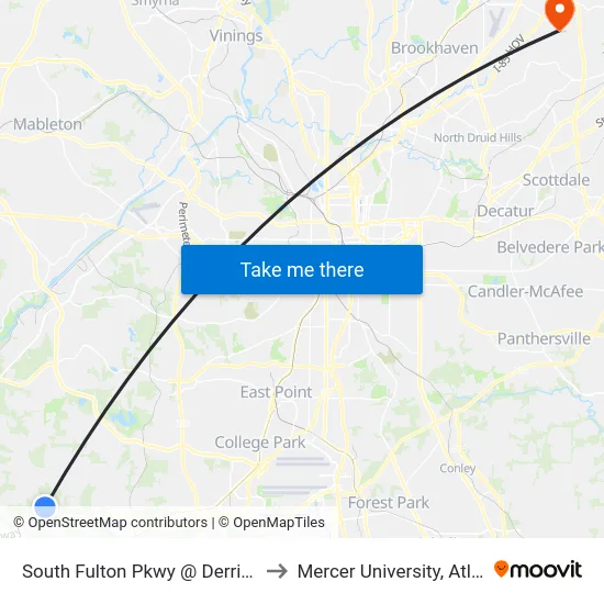 South Fulton Pkwy @ Derrick Rd to Mercer University, Atlanta map