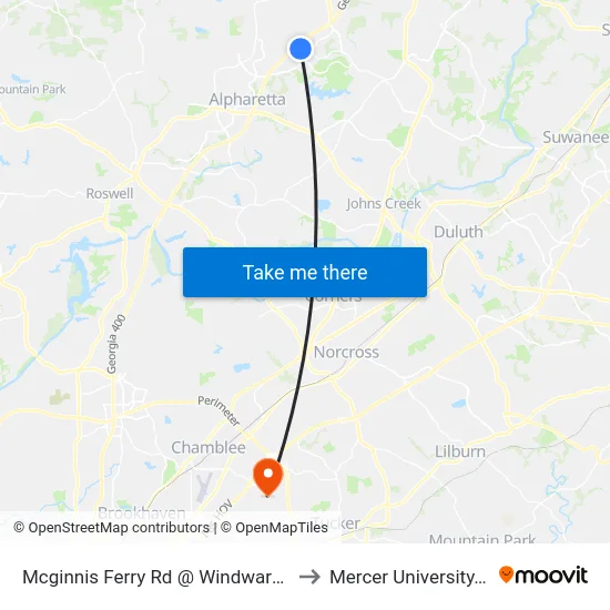 Mcginnis Ferry Rd @ Windward Concourse to Mercer University, Atlanta map