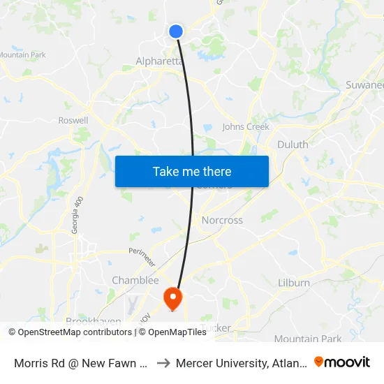 Morris Rd @ New Fawn Ln to Mercer University, Atlanta map