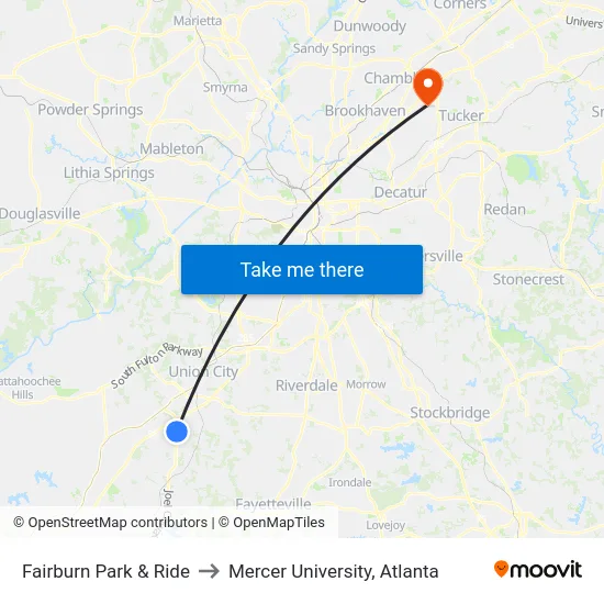 Fairburn Park & Ride to Mercer University, Atlanta map