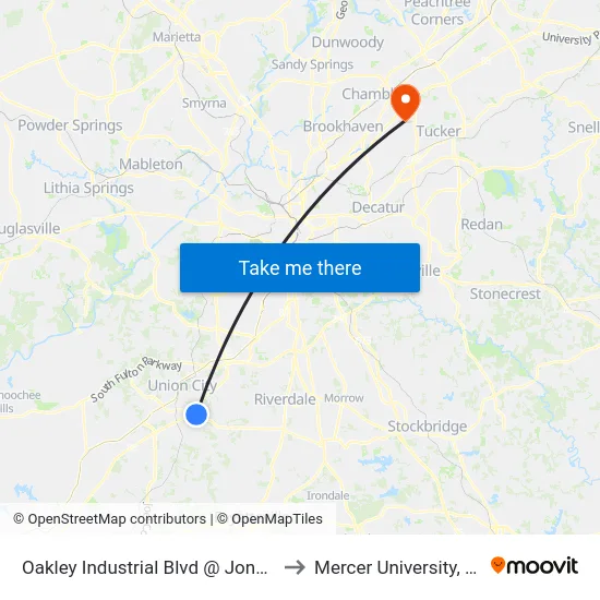 Oakley Industrial Blvd @ Jonesboro Rd to Mercer University, Atlanta map