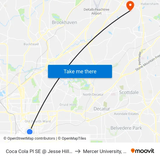 Coca Cola Pl SE @ Jesse Hill Jr Dr SE to Mercer University, Atlanta map
