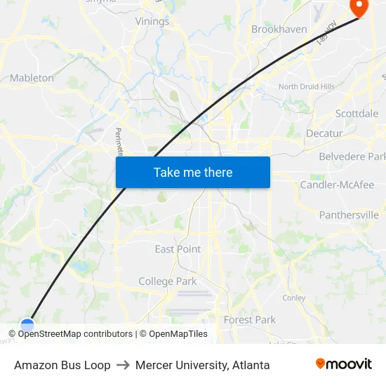 Amazon Bus Loop to Mercer University, Atlanta map
