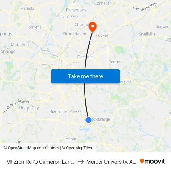 Mt Zion Rd @ Cameron Landing Dr to Mercer University, Atlanta map