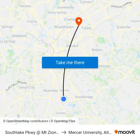 Southlake Pkwy @ Mt Zion Blvd to Mercer University, Atlanta map