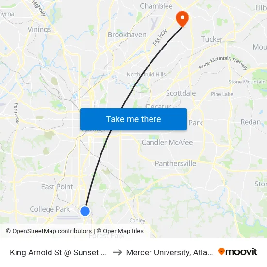 King Arnold St @ Sunset Ave to Mercer University, Atlanta map