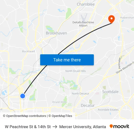 W Peachtree St & 14th St to Mercer University, Atlanta map