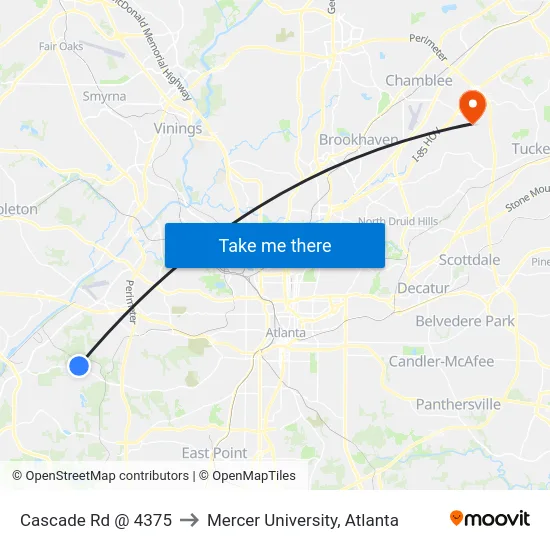 Cascade Rd @ 4375 to Mercer University, Atlanta map