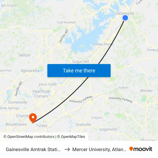 Gainesville Amtrak Station to Mercer University, Atlanta map