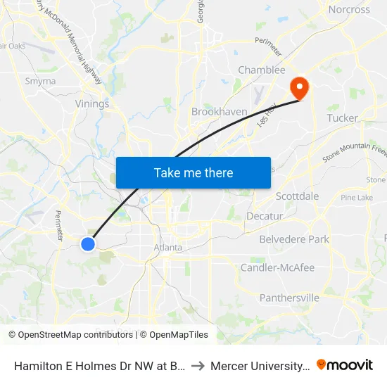 Hamilton E Holmes Dr NW at Burton Rd NW to Mercer University, Atlanta map