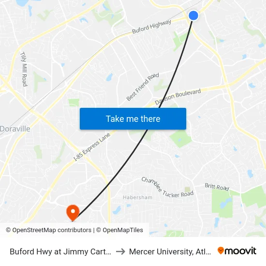 Buford Hwy at Jimmy Carter Ib to Mercer University, Atlanta map