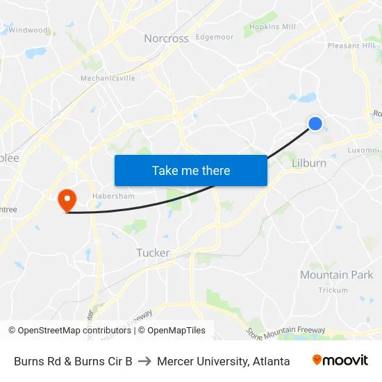 Burns Rd & Burns Cir B to Mercer University, Atlanta map