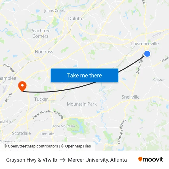 Grayson Hwy & Vfw Ib to Mercer University, Atlanta map