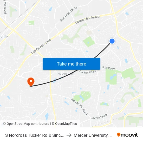 S Norcross Tucker Rd & Sinclair Apts to Mercer University, Atlanta map