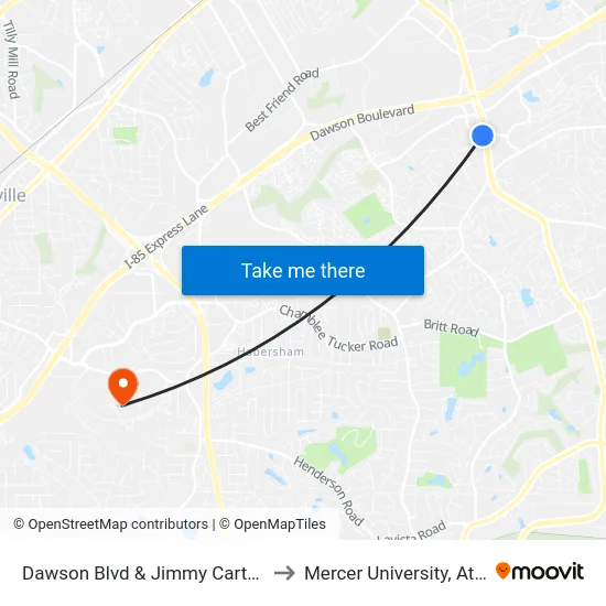 Dawson Blvd &  Jimmy Carter Blvd to Mercer University, Atlanta map