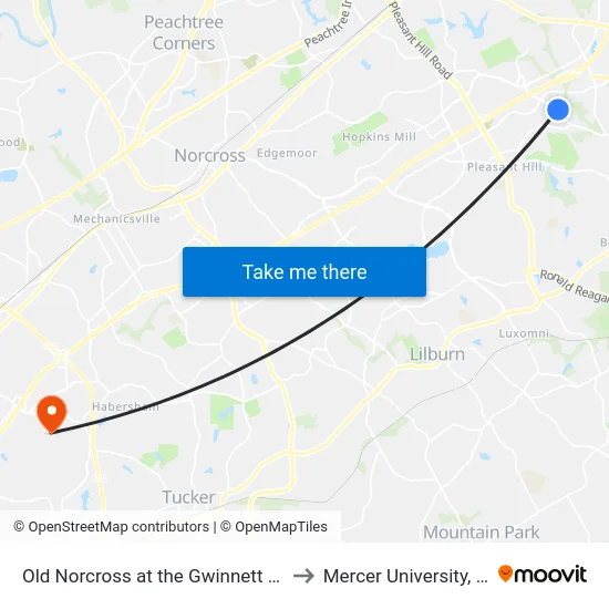 Old Norcross at the Gwinnett Body Shop to Mercer University, Atlanta map