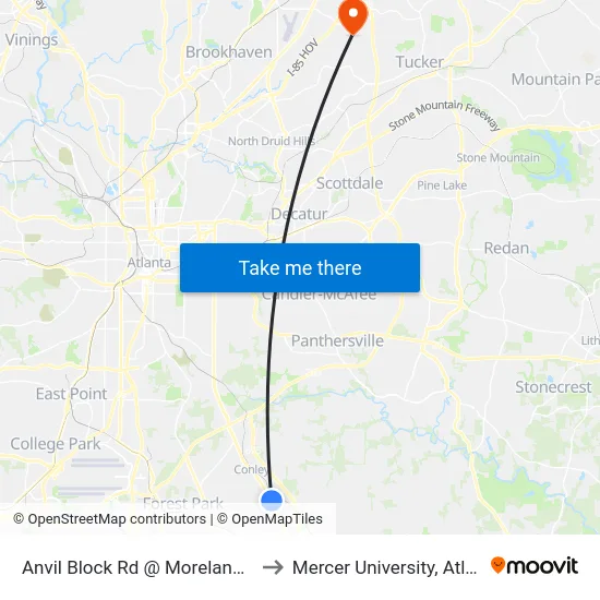 Anvil Block Rd @ Moreland Ave to Mercer University, Atlanta map