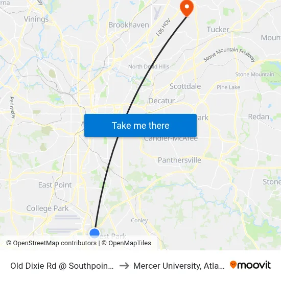 Old Dixie Rd @ Southpoint Dr to Mercer University, Atlanta map